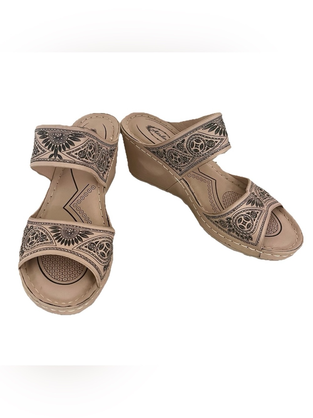 Atalina Comfort Wedge Sandals in Beige with Embossed Detail Women’s 10 / 41
